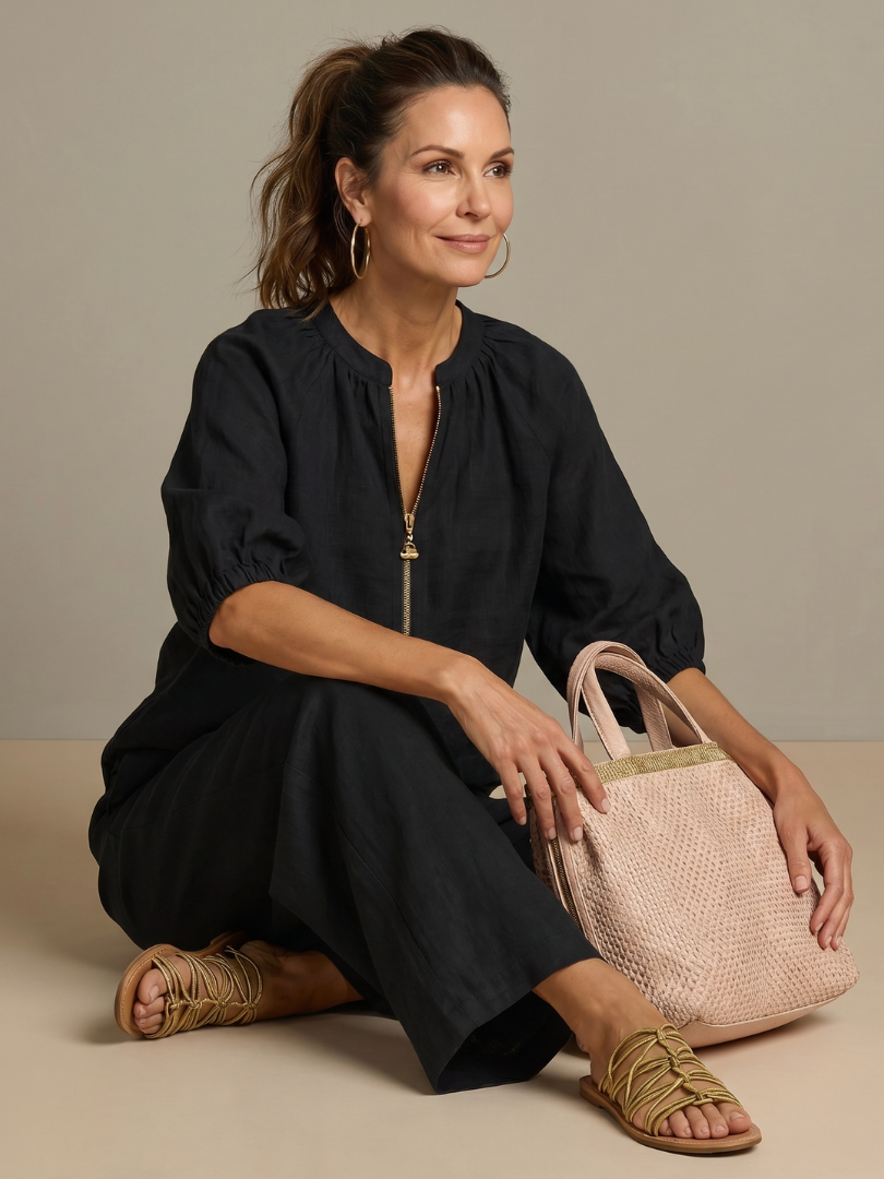 Sharina - Zip-up Blouse And Wide-Leg Pant Set