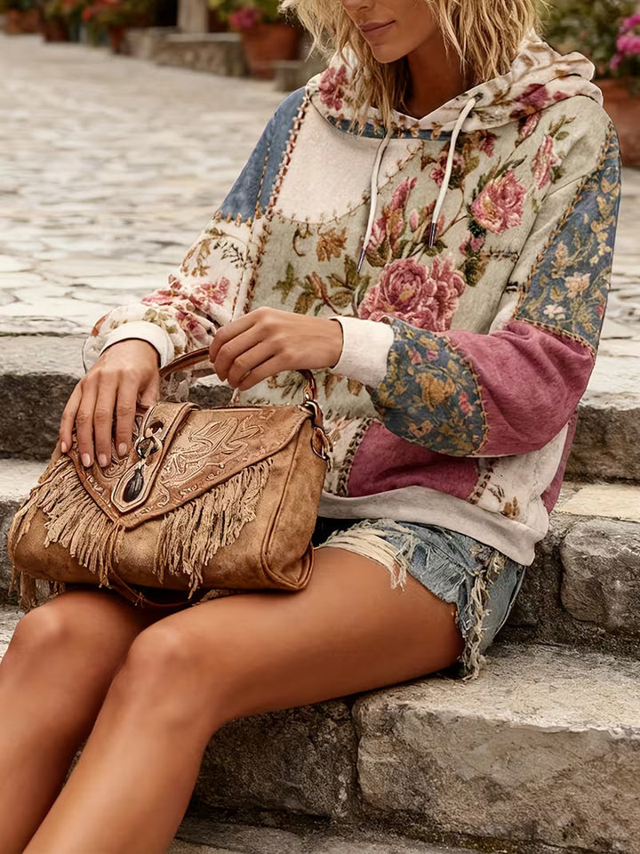 Zaneosica - Floral Patchwork Long Sleeve Hooded Top