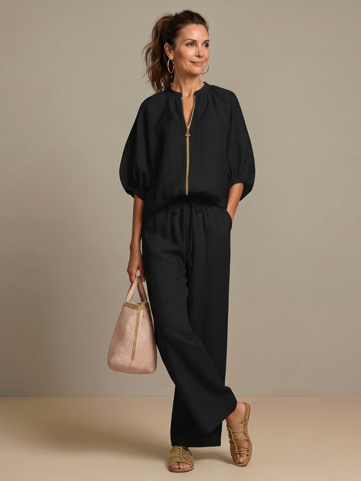 Sharina - Zip-up Blouse And Wide-Leg Pant Set