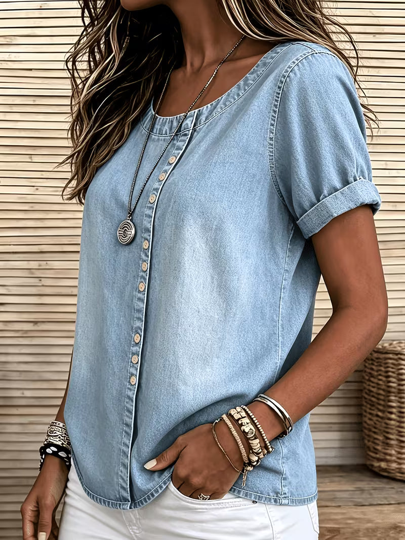 Ferina - Distressed Short Sleeve Denim Top