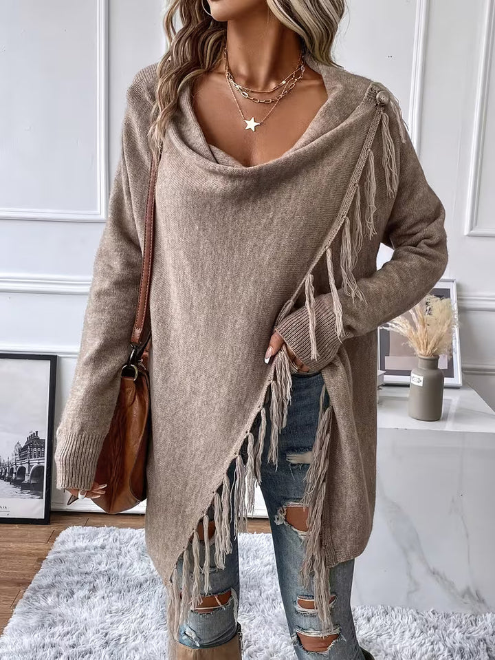 Theoaula - Draped Neck Cardigan With Fringed Trim
