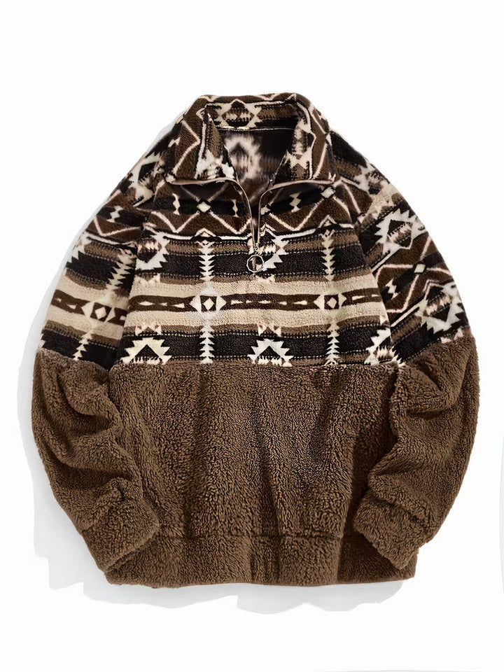 Florira - Geo Pattern Half-Zip Teddy Sweatshirt