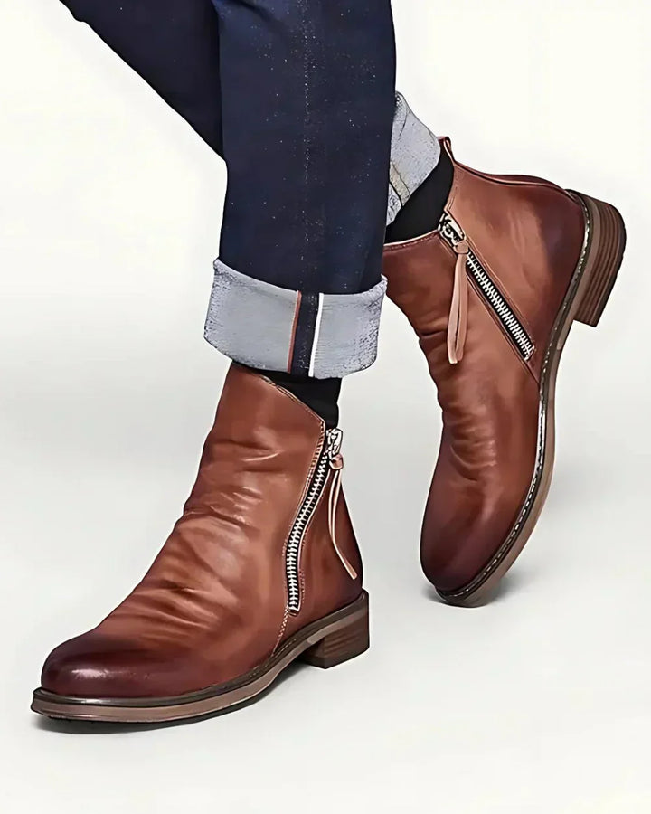 Benes - Leather Ankle Boots With Side Zipper