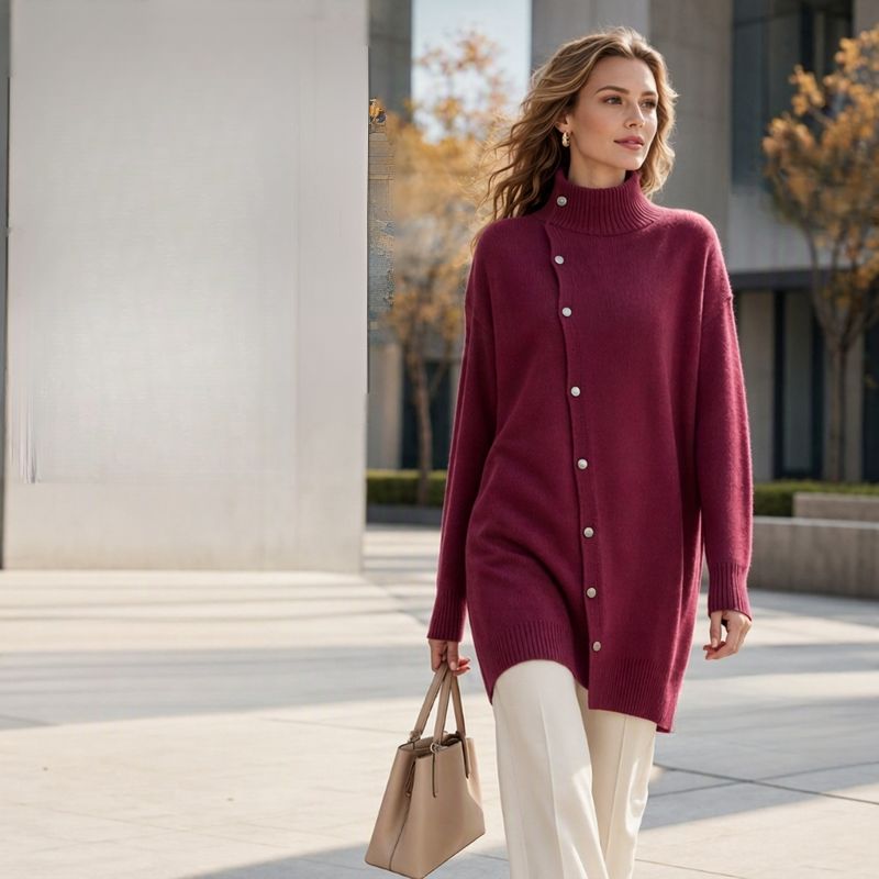 Renette - Longline Knit Sweater With Turtleneck and Buttons