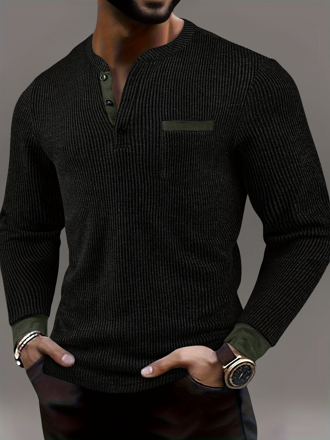 Lorcmir - Textured Striped Collar Long Sleeve Henley Shirt