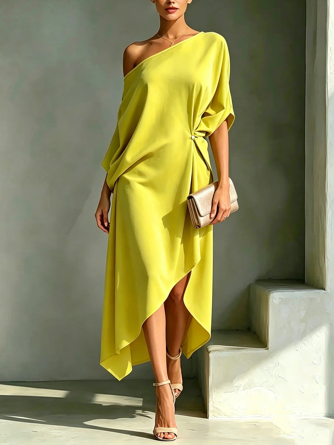 Elonia - Off Shoulder Asymmetric Midi Dress