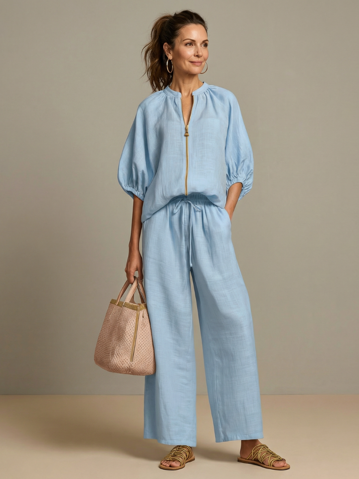 Sharina - Zip-up Blouse And Wide-Leg Pant Set