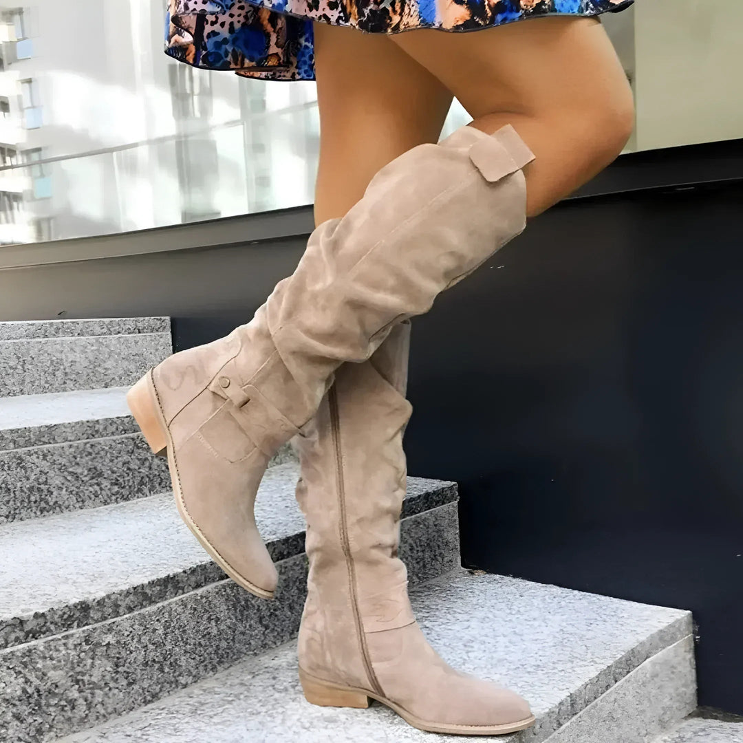 Lucrelle - Leather Knee High Boots With Side Zipper