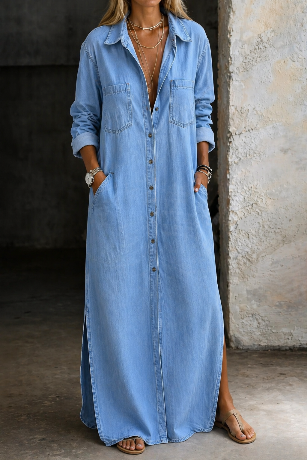 Noshina - Denim Button Front Maxi Dress