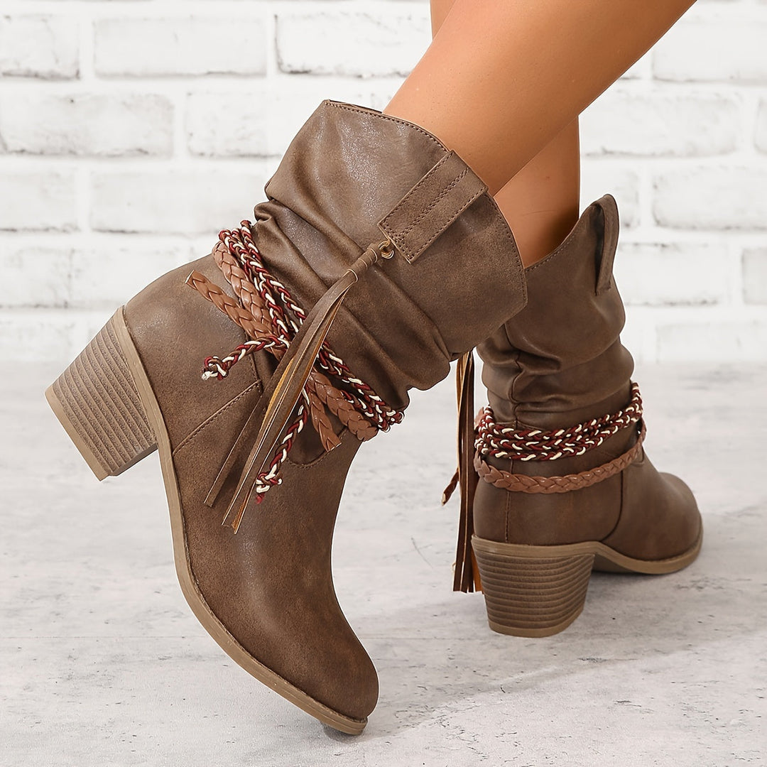 Theoora - Elegant Rope Chunky Heel Boots