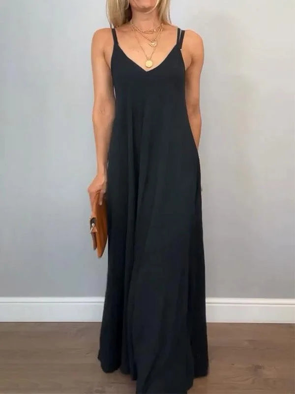 Jolanta - Stylish Cotton and Linen V Neck Dress