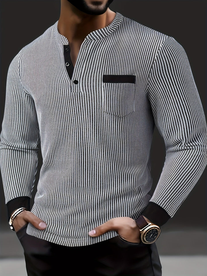Lorcmir - Textured Striped Collar Long Sleeve Henley Shirt