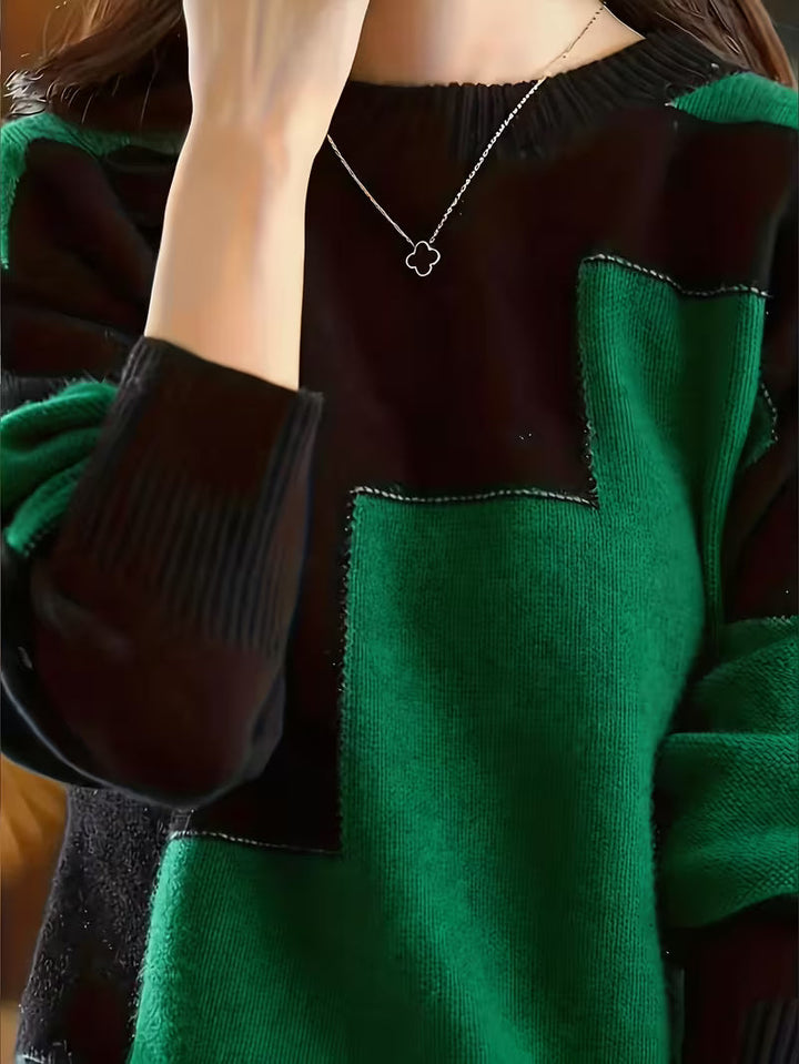 Marvelle - Color Block Crew Neck Long Sleeve Sweater