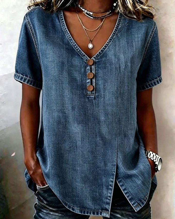 Lyjena - V-Neck Slit Denim Blouse