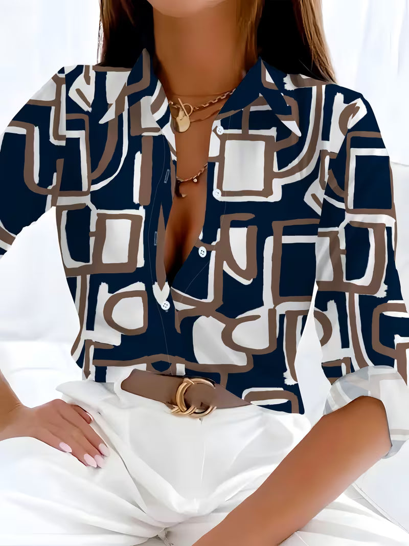 Vespia - Casual Geometric Print Chiffon Shirt