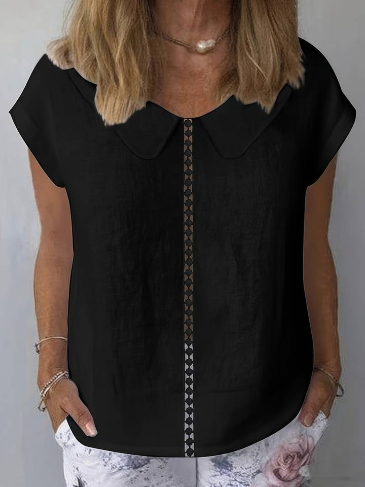 Krischelle - Lapel Lace Splicing Short Sleeve Sweater