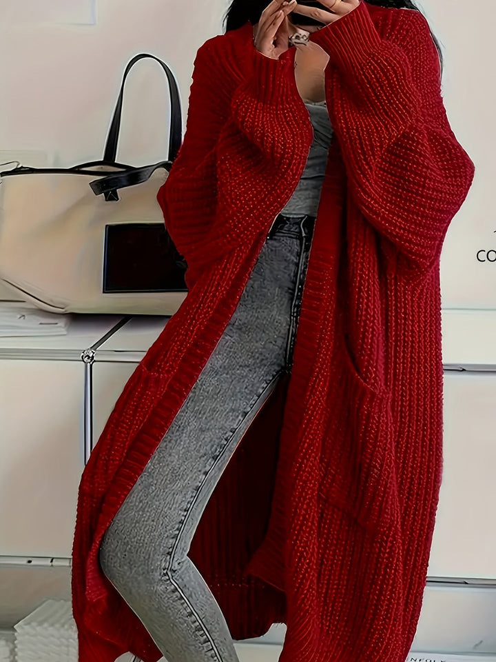 Maveoruna - Cozy Open Front Long Knit Cardigan With Pocket