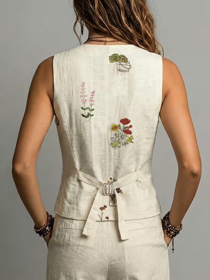 Zarelle - Embroidered Sleeveless Linen Vest