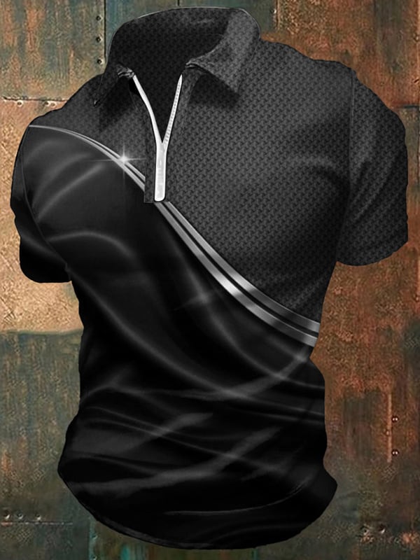 Men's Casual Zip Up Polo Shirt With Gradient Graphic Print