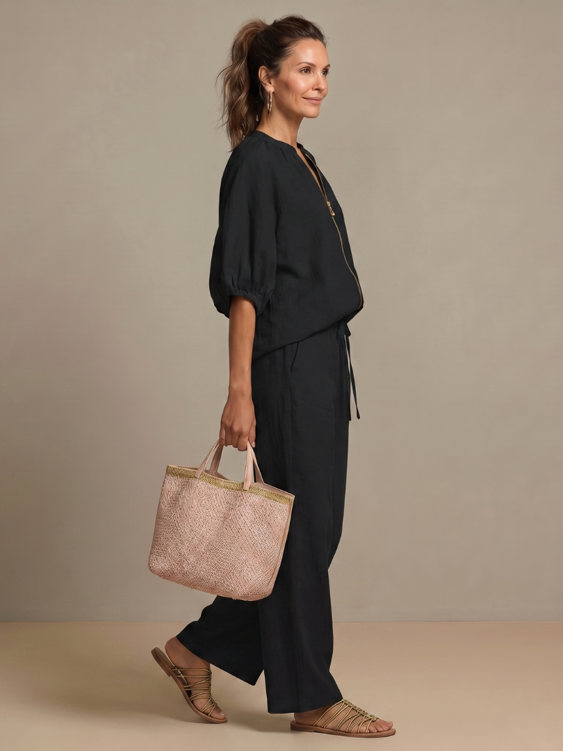 Sharina - Zip-up Blouse And Wide-Leg Pant Set