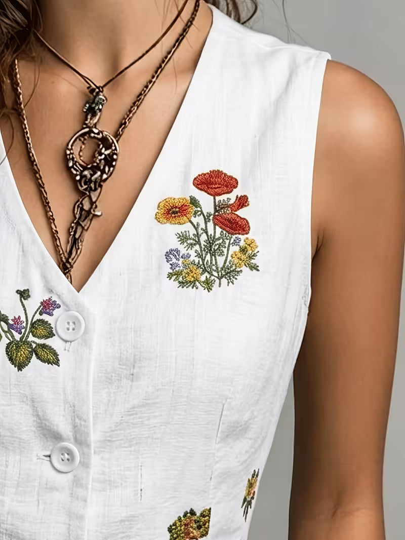 Zarelle - Embroidered Sleeveless Linen Vest