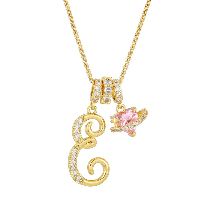 Nerute - Initial Letter Necklace With Pink Heart Charm