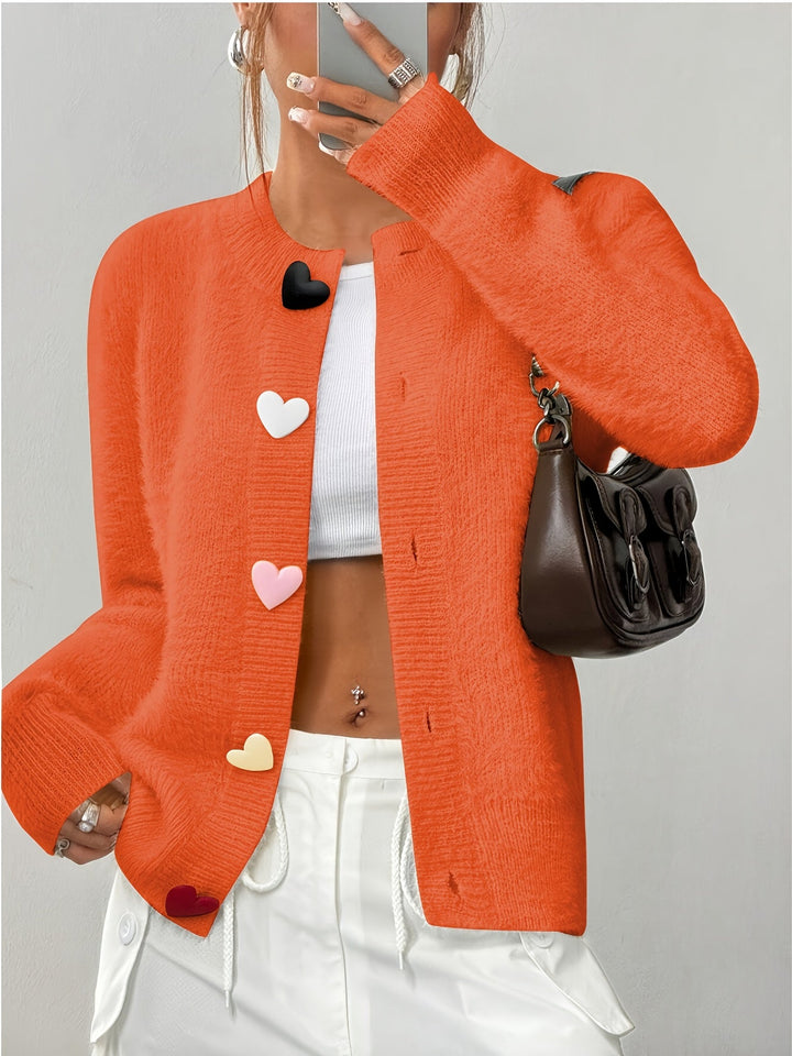 Smelissa - Heart Button Long Sleeve Knitted Cardigan