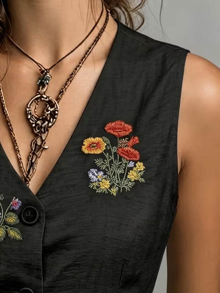 Zarelle - Embroidered Sleeveless Linen Vest