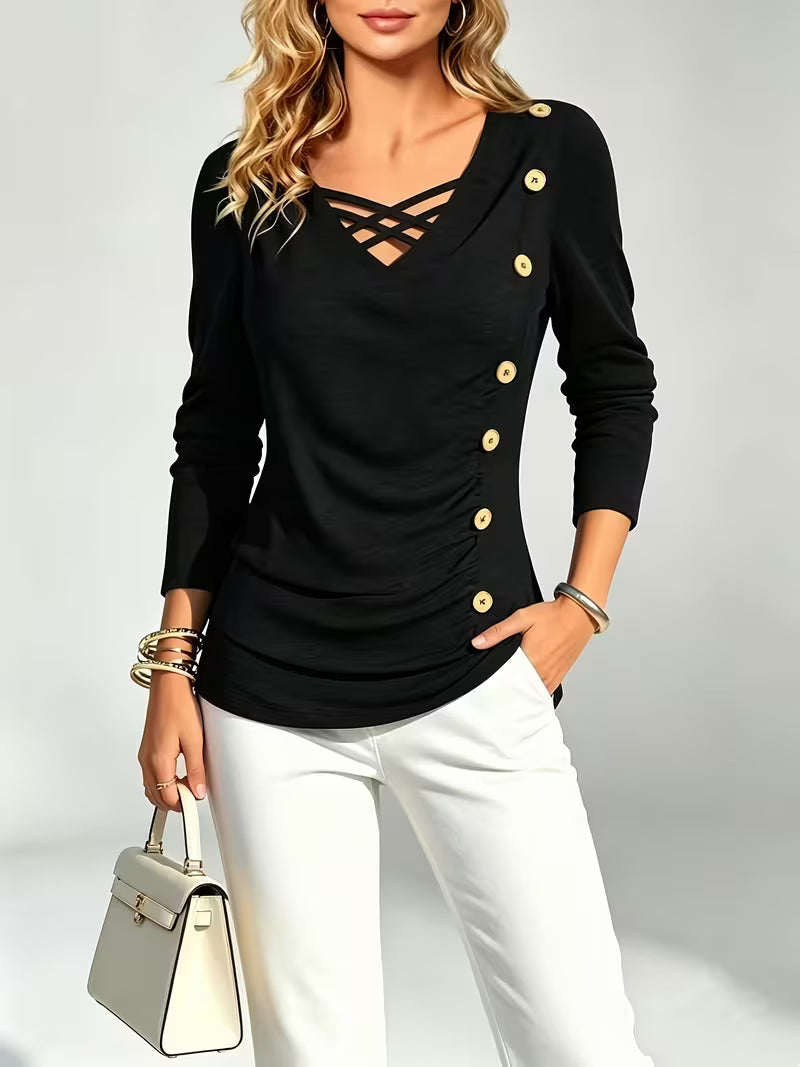 Keziana - V-neck Long Sleeve Button Top