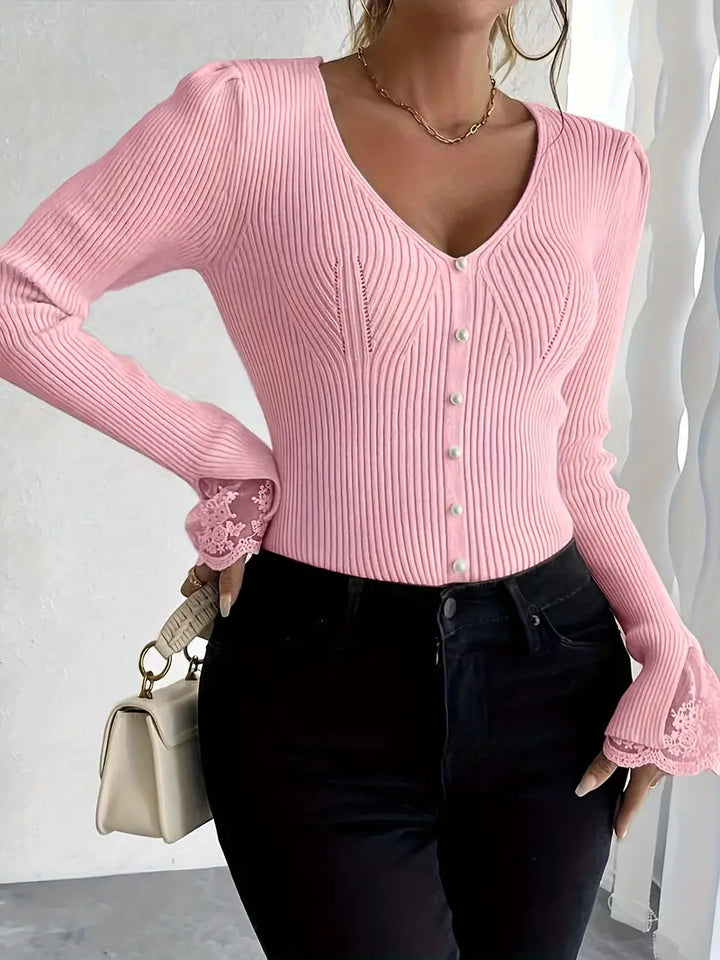 Visenna - Elegant V-Neck Sweater With Lace Sleeves
