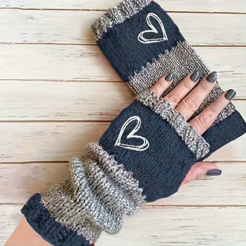 Eirlys - Knitted Fingerless Gloves With Heart Motif