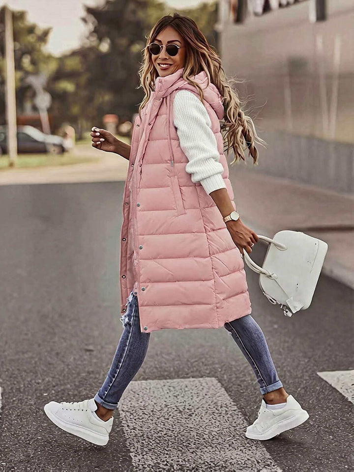 Althorida - Long Hooded Puffer Vest With Pockets
