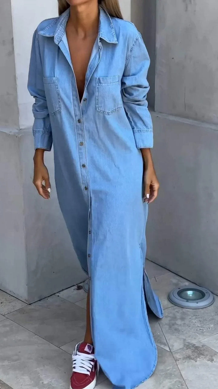 Vallina - Denim Long Sleeves Dress With Lapel
