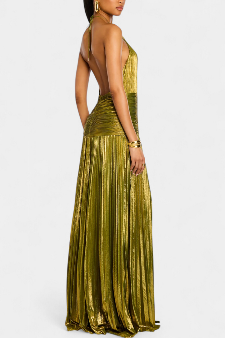 Kinia - Metallic Peridot Maxi Dress
