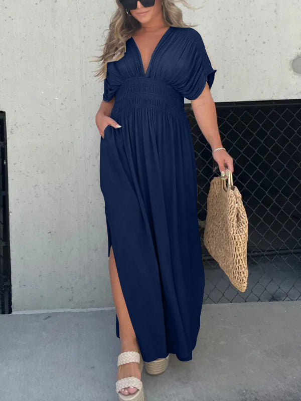 Neisya - Slit V-Neck Maxi Long Dress