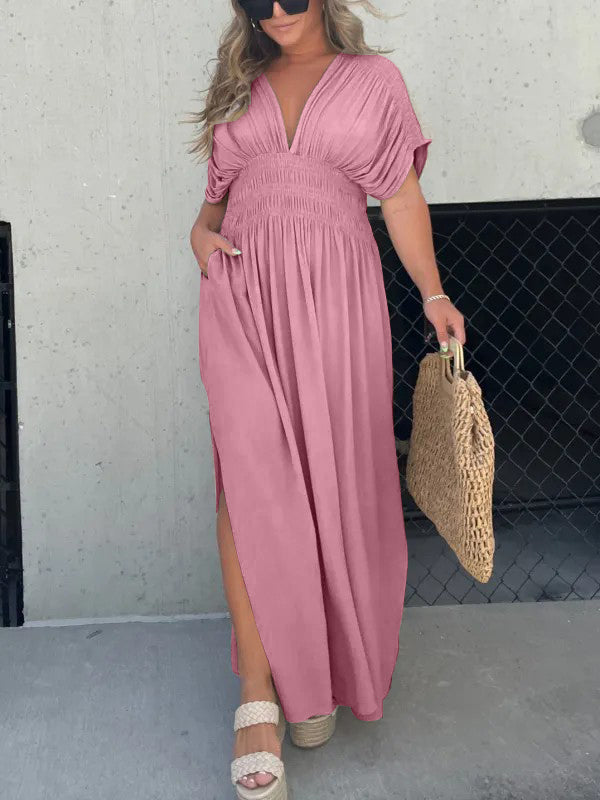 Neisya - Slit V-Neck Maxi Long Dress