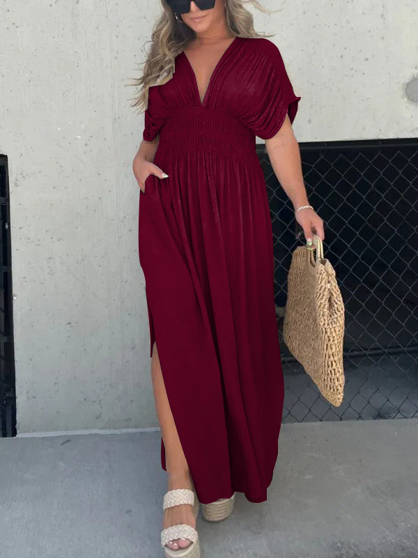 Neisya - Slit V-Neck Maxi Long Dress