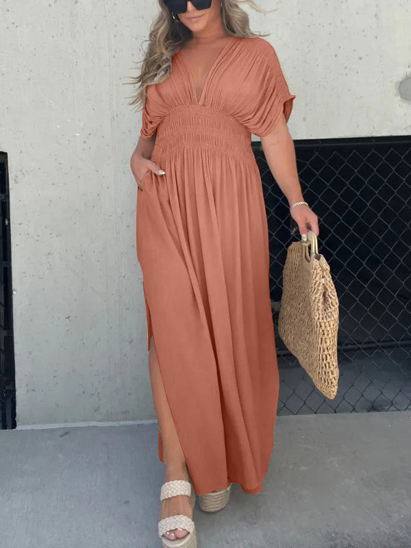 Neisya - Slit V-Neck Maxi Long Dress