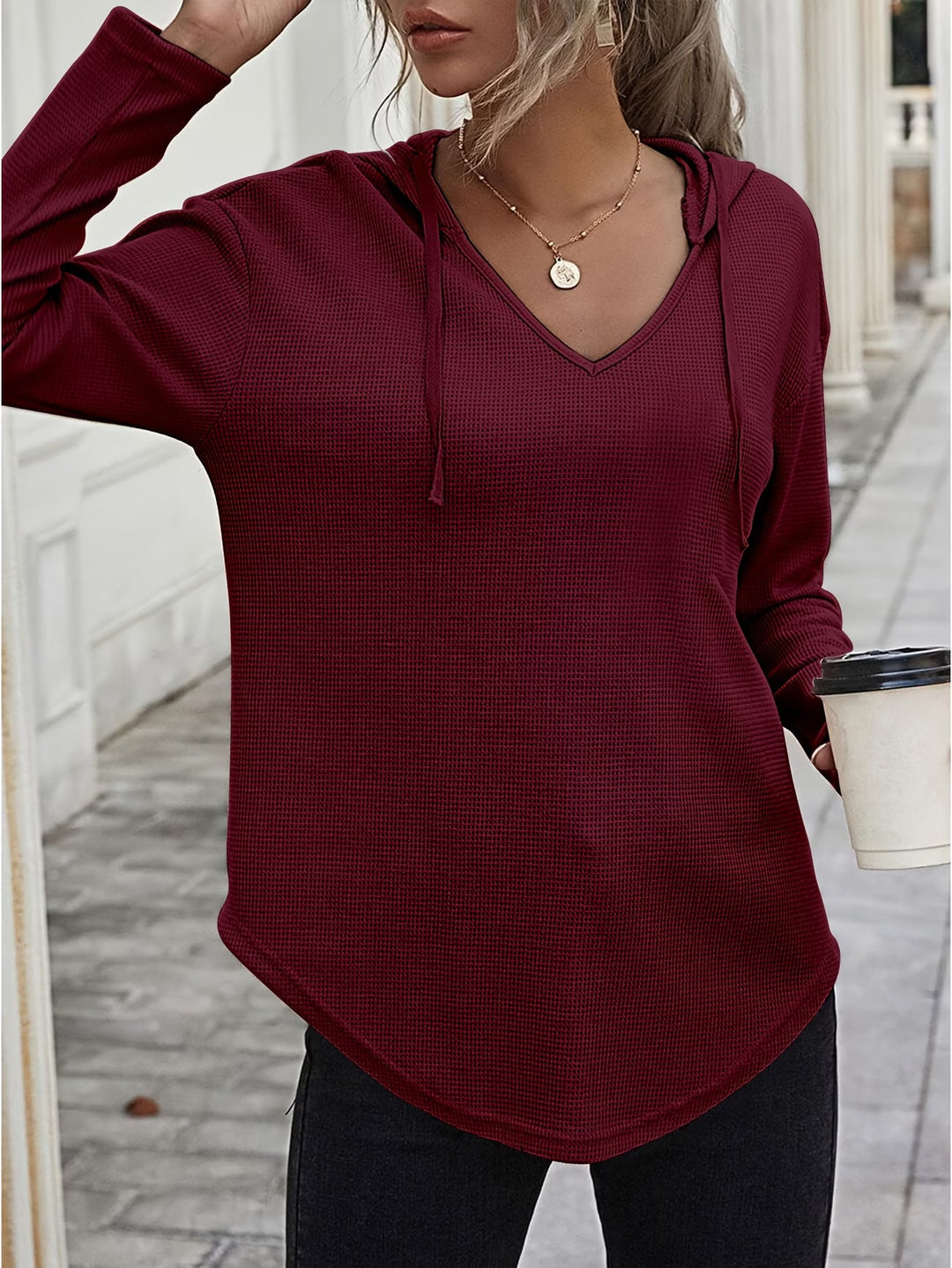 Laurette - Long Sleeve V Neck Hoodie