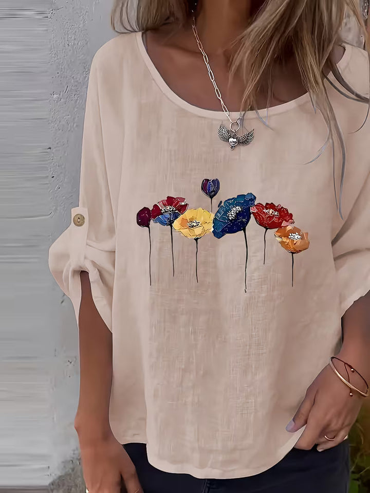 Soleelis - Floral Print Roll-Tab Sleeve Loose Top