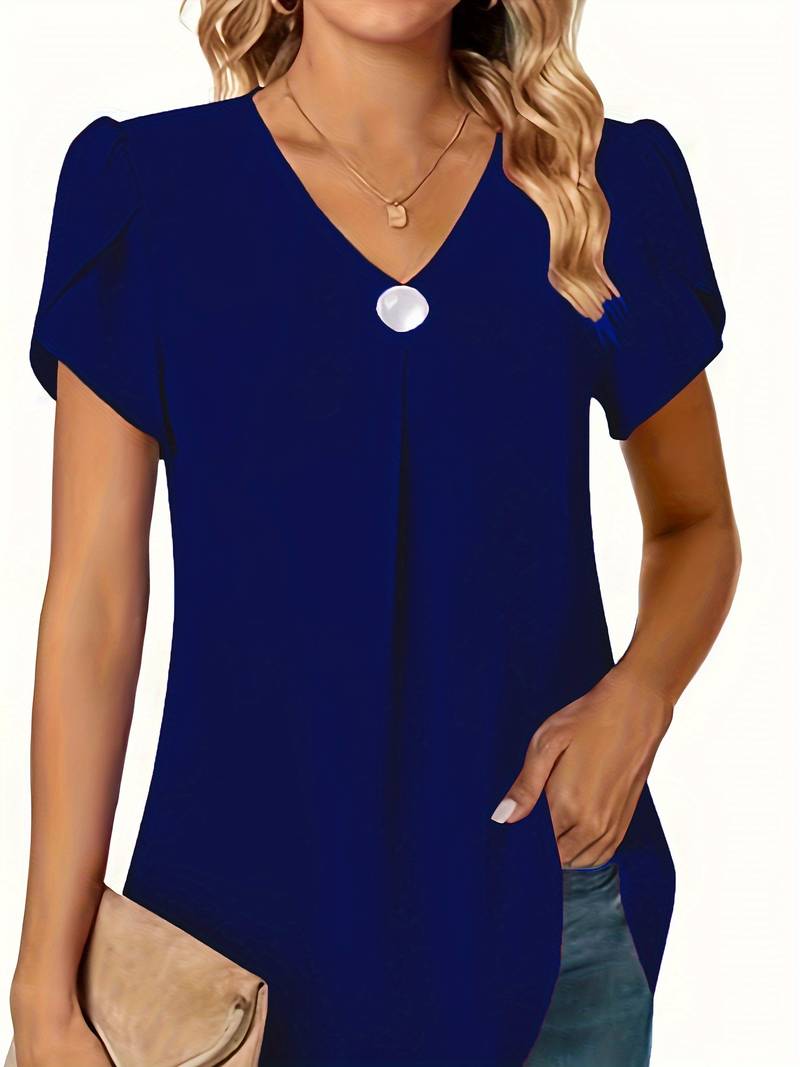 Thilakshi - Ruffle Short Sleeve Blouse With Single Button
