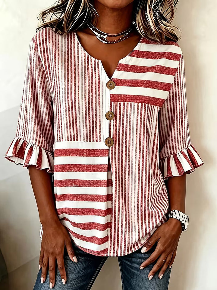 Avyra - Striped Patchwork Ruffle Sleeve Button Top