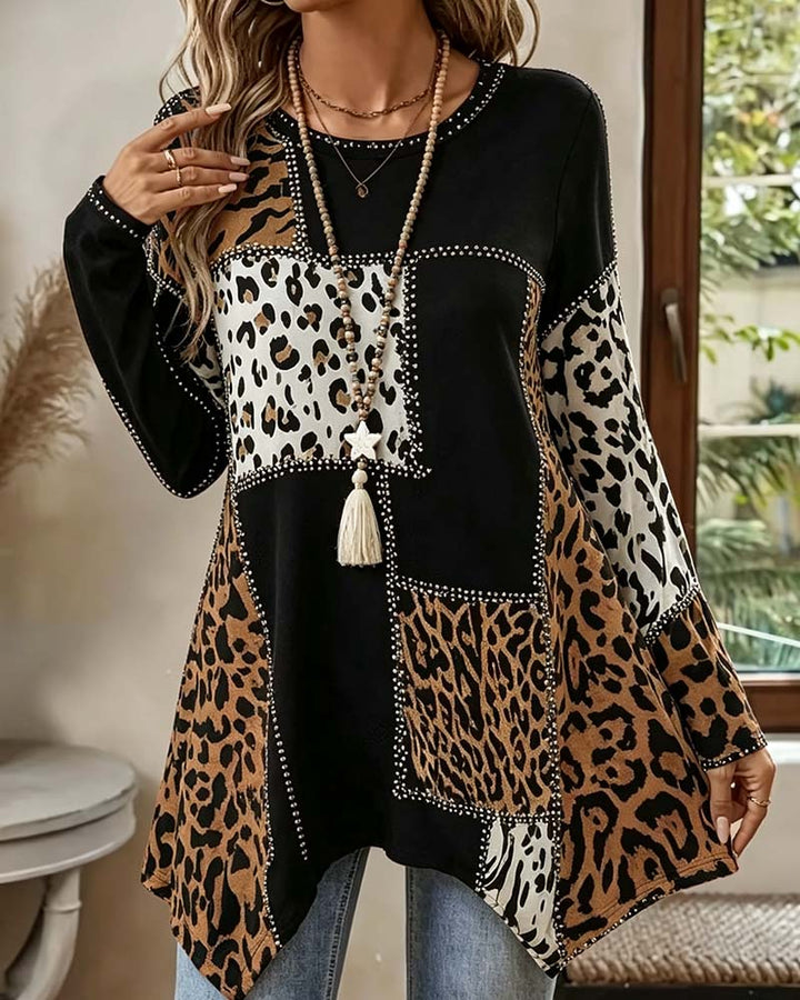 Lianenna - Irregular Patchwork Leopard Print Blouse