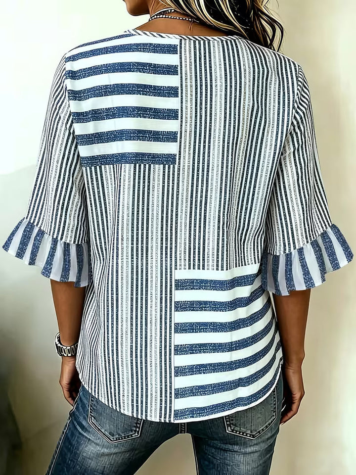 Avyra - Striped Patchwork Ruffle Sleeve Button Top