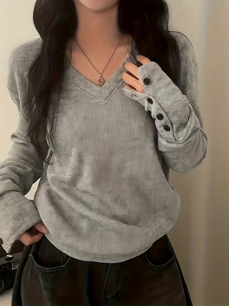 Yarena - V-neck Ribbed Button Cuff Sweater