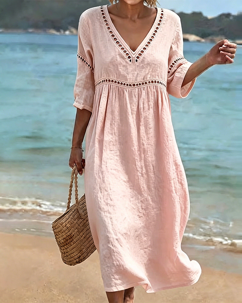 Mikela - Hollow Trim V Neck Midi Dress