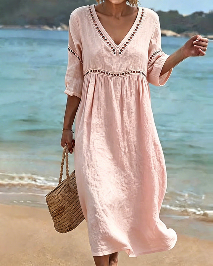 Mikela - Hollow Trim V Neck Midi Dress
