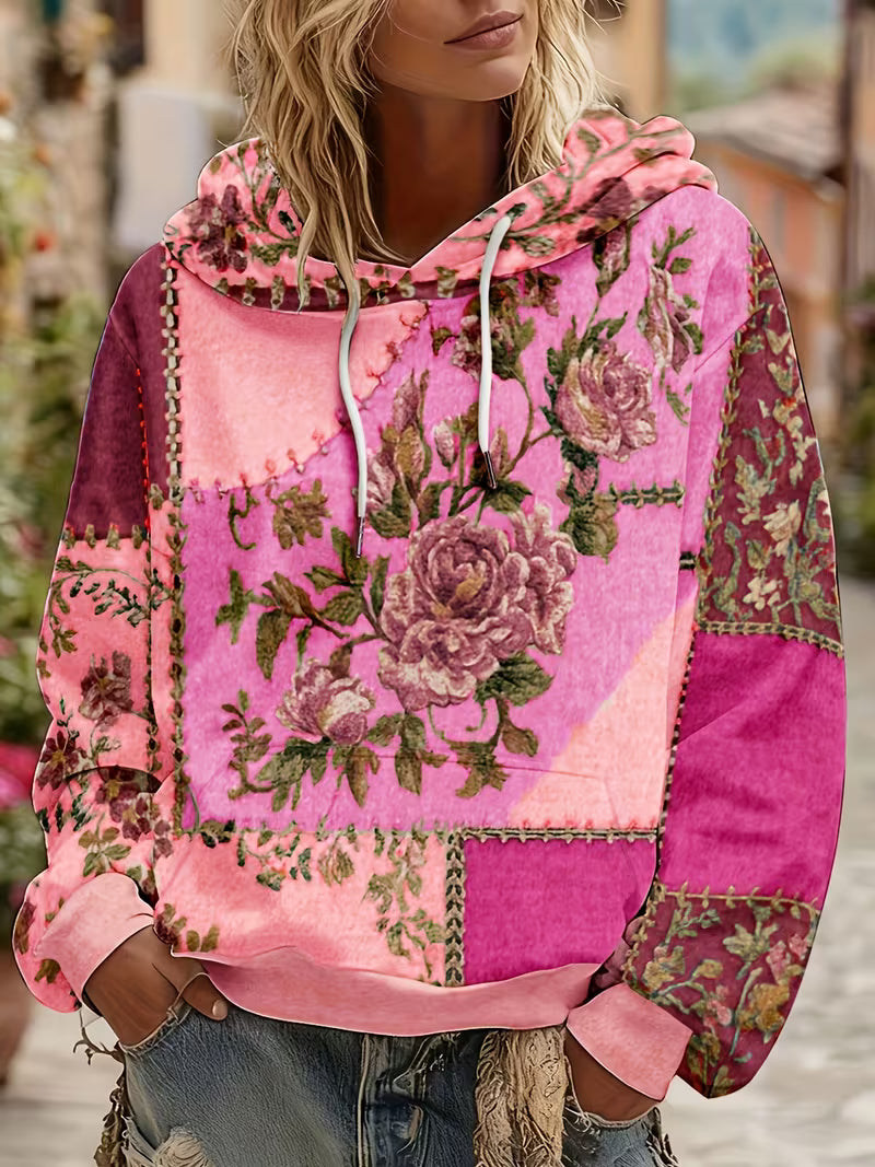 Zaneosica - Floral Patchwork Long Sleeve Hooded Top