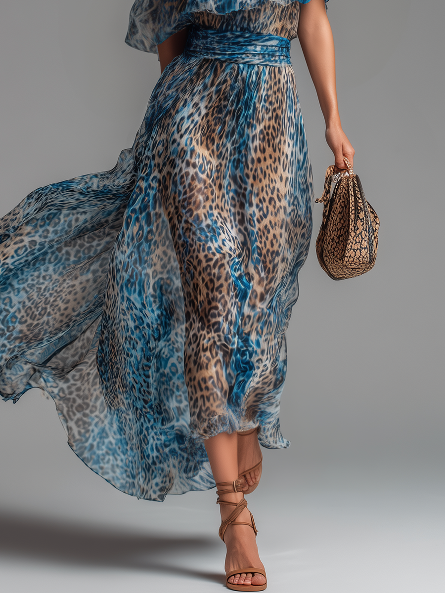 Siania - Leopard Print Chiffon Off-Shoulder Dress