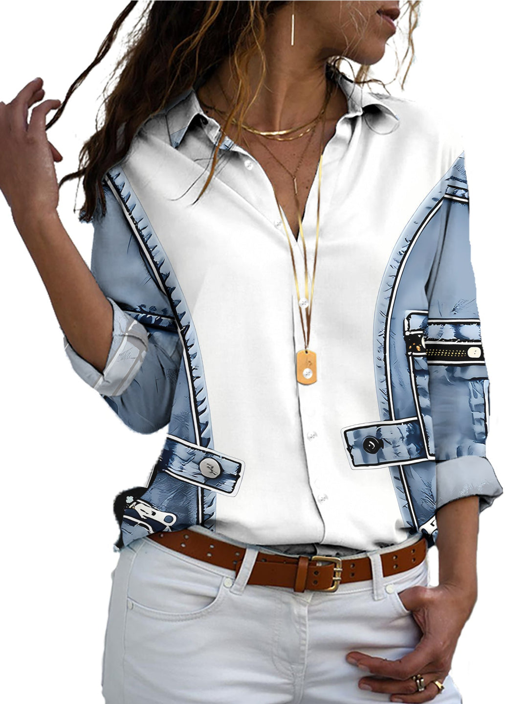 Celora - Long Sleeve Shirt With Denim Vest Pocket